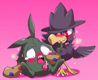 ambiguous_gender blush bodily_fluids cum cum_on_penis duo erection feathered_wings feathers feral genital_fluids genitals interspecies looking_at_genitalia looking_at_penis male nude open_mouth penis simple_background wings futsutsukamono nintendo pokemon animate_inanimate avian bird generation_2_pokemon generation_5_pokemon murkrow pokemon_(species) trubbish waddling_head