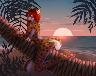 5_fingers andromorph anthro arched_back backlighting bangs beach brown_body brown_fur butt claws clitoris clitoris_piercing cloud countershading detailed_background digitigrade ear_piercing ear_ring fangs fingers fur genital_piercing genitals hair in_tree inner_ear_fluff intersex leaf light long_tail looking_at_viewer markings multicolored_body multicolored_fur nude orange_eyes palm_tree pawpads paws piercing pink_nose plant red_hair ring_piercing sabertooth_(anatomy) sea seaside side_view snout solo spots spotted_body spotted_fur straddling sun sunset tail teeth tree tuft vulva vulva_piercing water white_body white_claws white_fur esterr_(artist) ashnu felid mammal prehistoric_species saber-toothed_tiger 5:4 lighting andromorph_(lore)