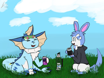 beverage beverage_can black_clothing black_hoodie black_topwear blue_body blue_eyes blue_fur brand chest_tuft clothing cloud drinking duo eyes_closed fangs feral fin fur grass happy holding_object hoodie male male/male mask mask_on_head mate_(beverage) open_mouth outside plant puntero shadow sitting sky sticker stickers_on_object teeth text thermos tongue topwear tuft watashigu_(character) back_to_the_future balatro fanta nintendo pokemon delisylvi_(character) eeveelution generation_1_pokemon generation_6_pokemon mammal pokemon_(species) shiny_pokemon sylveon vaporeon digital_drawing_(artwork) digital_media_(artwork) flat_colors hi_res japanese_text