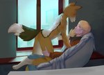 5_fingers anthro blush butt clothing duo female fingers furniture holding_face jacket male nude nude_female romantic romantic_couple sofa tail topwear window vespertellino whisper_(gabrielofcreosha) canid canine canis human jackal mammal 2019 digital_drawing_(artwork) digital_media_(artwork)