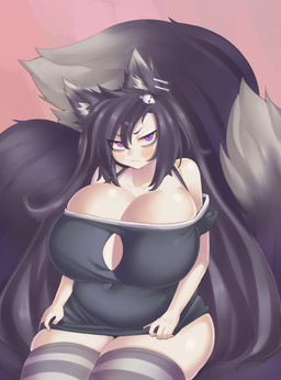 3_tails big_breasts blush bone breasts female huge_breasts huge_thighs hyper hyper_breasts multi_tail navel overweight overweight_female overweight_humanoid purple_eyes side_boob simple_background skull solo tail thick_thighs pincerpencil animal_humanoid canid canid_humanoid canine canine_humanoid fox_humanoid humanoid mammal mammal_humanoid character_request