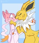 blush bodily_fluids claws duo eyelashes eyes_closed female feral fur holding_face kiss_mark kiss_on_lips kissing male male/female markings purple_markings saliva side_view simple_background yellow_body yellow_fur blitzpitz nintendo pokemon eeveelution generation_1_pokemon generation_5_pokemon jolteon mienshao pokemon_(species) absurd_res hi_res signature