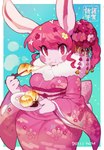 anthro asian_clothing breasts clothed clothing east_asian_clothing eating female hair japanese_clothing kimono pink_hair solo kaeritai07 chao_pyon_pyon lagomorph leporid mammal rabbit absurd_res hi_res