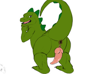animal_genitalia animal_penis anthro anus butt erection genital_slit genitals knot looking_at_viewer looking_back male naughty_face nude penis presenting presenting_hindquarters raised_tail simple_background solo tail tapering_penis white_background seyrmo godzilla_(series) toho godzilla kaiju reptile scalie 5:4 signature source_request