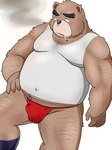 anthro asian_clothing balls_outline belly black_nose blush brown_body bulge clothing detailed_bulge east_asian_clothing fundoshi genital_outline humanoid_hands japanese_clothing kemono male mature_male overweight overweight_male penis_outline red_clothing red_fundoshi red_underwear shirt simple_background sitting smoking solo tank_top topwear underwear inunodaidokoro bear mammal 2021 hi_res