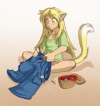 blonde_hair bottomwear clothed clothing crossed_legs female fur hair long_hair panties pants scissors sewing sewing_kit shirt simple_background solo tail tailor topwear underwear yellow_body yellow_eyes yellow_fur conditional_dnp tom_fischbach animal_humanoid domestic_cat felid feline felis humanoid mammal 2009 colored digital_media_(artwork) sketchbook_(artwork)