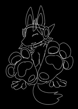 3_toes 4_fingers anthro black_background breasts chest_tuft curling_toes embarrassed feet female fingers foot_fetish foot_focus hands_on_ground looking_away machine medium_hair pawpads plantigrade plantigrade_pawpads presenting protogen_visor simple_background sitting toes tuft sockless_zen02 protogen 2025 digital_drawing_(artwork) digital_media_(artwork) monochrome sketch