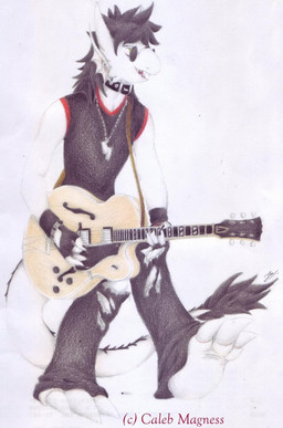 3_toes 5_fingers anthro big_feet biped bodily_fluids bottomwear buckle chain claws clothed clothing collar dog_tags electric_guitar eyewear fangs feet fingers frill_(anatomy) fur glasses gloves grin guitar hair handwear horn jewelry leather long_tail male membrane_(anatomy) membranous_frill messy_hair music musical_instrument necklace pants playing_guitar playing_music plucked_string_instrument pose shirt smile solo standing straps string_instrument tail tears teeth toes topwear tuft white_body wristband yellow_eyes caleb_magness mythology bo_bloo dragon matile mythological_creature mythological_scalie scalie