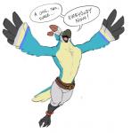 anklet anthro avian belt bird bottomwear breath_of_the_wild clothed clothing colored dancing dialogue digital_media_(artwork) english_text feathers feet headgear headwear jewelry kass_(tloz) male muscular muscular_anthro muscular_male nintendo open_mouth pecs portrait rito shorts smile solo talons text the_legend_of_zelda third-party_edit toes topless winged_arms wings zaush