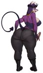 absurd_res anthro big_breasts big_butt breasts butt canid canine curvy_figure demon female fur hi_res huge_breasts hybrid looking_back mammal panty_lines purple_body purple_fur simple_background solo spade_tail tail thick_thighs voluptuous vondranart white_background