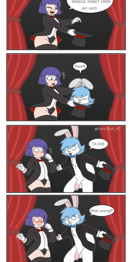 anthro balls black_tie_(suit) blue_bow_tie blue_hair blush blush_lines bow_ribbon bow_tie clothing dialogue duo ears_down female flaccid genitals gloves hair handwear hat headgear headwear leotard magician male male/female penis pivoted_ears red_bow_tie suit top_hat white_clothing white_gloves white_handwear pencil_bolt human lagomorph leporid mammal rabbit absurd_res comic hi_res