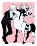 antlers bestiality clothing duo feral hat headgear headwear horn human_on_feral interspecies kissing male male/male male_on_feral necktie suit text a1 one_piece sanji_(one_piece) tony_tony_chopper tony_tony_chopper_(walk_point_form) deer human mammal new_world_deer reindeer japanese_text