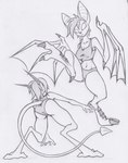 action_pose anthro bat_wings breasts cleavage clothed clothing duo female hair membrane_(anatomy) membranous_wings navel panties pose rear_view shirt spade_tail tail tank_top topwear underwear winged_arms wings forlornnix dreamkeepers namah_calah vanth bat lizard mammal reptile scalie greyscale monochrome