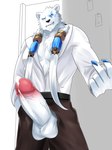 anthro balls belt big_penis bodily_fluids bottomwear clothing dripping fur genital_fluids genitals male pants penis precum precum_drip simple_background solo teeth topwear vein veiny_penis white_body white_clothing white_fur white_topwear e_convenient league_of_legends riot_games tencent volibear bear mammal 2021 hi_res