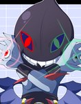 black_body black_fur fur green_eyes grin heterochromia male red_eyes smile solo wings kitsube08021 bandai_namco digimon demon digimon_(species) dracmon humanoid