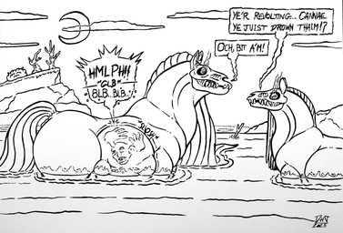 ambiguous_gender bone dialogue drowning_in_stomach_acid duo feral feral_pred human_prey humor imminent_death imminent_digestion implied_drowning larger_pred long_mane scottish_accent size_difference skull skull_head text vore skianous celtic_mythology european_mythology mythology equid equine human kelpie mammal mythological_creature mythological_equine absurd_res english_text hi_res line_art monochrome