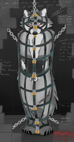 anthro bdsm biped black_nose blush bondage bound chastity_cage chastity_device dialogue embarrassed encasement fur gibbet grey_body grey_fur immobilization immurement lock male markings nude offscreen_character padlock permanent permanent_bondage solo striped_markings striped_tail stripes tail tail_markings text whiskers nitroft_(artist) nitroft mammal procyonid raccoon 2025 absurd_res digital_media_(artwork) english_text hi_res