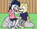 3_toes anklet anthro barefoot clothed clothing detailed_background duo feet female fence fur hair jewelry male outside rock scar sitting toes young young_anthro pokefound da_silva cooper_(pokefound) riley_(pokefound) canid canine canis domestic_dog fish mammal marine shark shiba_inu spitz 5:4