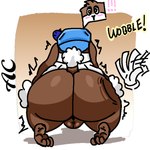 anthro balls big_butt blush brown_body butt butt_slap cutaway fur genitals huge_butt male rear_view slap solo text white_body white_fur day74art canid canine mammal 1:1