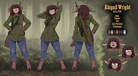 anthro biped bottomwear breasts clothed clothed_anthro clothed_female clothing female fingers front_view fully_clothed fully_clothed_anthro fully_clothed_female fur hair hooves horn looking_at_viewer rear_view smile solo standing teeth topwear the-minuscule-task abigail_(visitorvee) bovid caprine goat mammal 2026 absurd_res digital_drawing_(artwork) digital_media_(artwork) hi_res