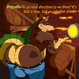 4_fingers anthro barely_visible_perineum belt big_bulge big_butt bottomwear bottomwear_down box brown_body bulge butt clothed clothing container dialogue ears_up fingers half-closed_eyes looking_back male narrowed_eyes overweight overweight_anthro overweight_male pants pants_down partially_clothed presenting presenting_hindquarters smile smirk solo tail talking_to_viewer teeth text topless topless_male wood yellow_body yellow_sclera waniiime activision crash_bandicoot_(series) dingodile canid canine canis crocodile crocodilian dingo hybrid mammal reptile scalie 1:1 absurd_res hi_res