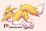 anthro anus blue_eyes blush breasts butt female genitals looking_back open_mouth pawpads paws presenting presenting_pussy pussy solo text chradi bandai_namco digimon canid digimon_(species) mammal renamon url