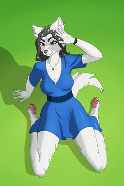anthro barefoot black_hair blue_clothing blue_dress clock clothed clothed_anthro clothed_female clothing dress ear_tuft feet female fur hair jewelry looking_at_viewer necklace pawpads smile smiling_at_viewer solo tuft watch white_body white_fur wristwatch edozebr canid canine canis mammal wolf hi_res