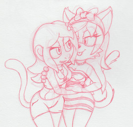 anthro clothed clothing duo female simple_background white_background the_other_half sega sonic_the_hedgehog_(series) fan_character domestic_cat felid feline felis haplorhine mammal monkey primate digital_drawing_(artwork) digital_media_(artwork) monochrome pink_and_white