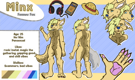 anthro blue_nose clothing electronics hat headgear headphones headwear male solo straw_hat text badaspen hasbro magic:_the_gathering wizards_of_the_coast minx_(mixyzboy) canid canine fennec_fox fox mammal true_fox 2025 absurd_res character_name digital_media_(artwork) english_text hi_res model_sheet tagme
