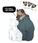 amber_eyes anthro black_nose brown_body brown_fur clothed clothing duo_focus facial_scar fur green_eyes group hoodie kemono male male/male markings military notched_ear pupils scar simple_background size_difference slit_pupils smell spots spotted_body spotted_fur standing_behind surprise text topwear translucent do72k third-party_edit furryjohnspitt_(editor) mobian_(do72k) moroca tanshi human hyena mammal spotted_hyena english_text hard_translated hi_res translated translation_edit