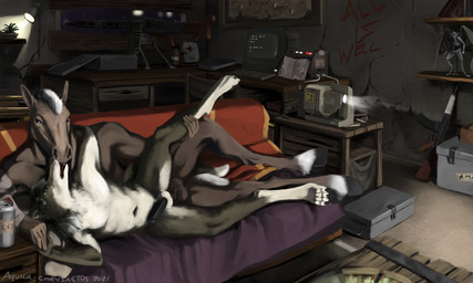 alcohol anal anal_penetration anthro beer beverage book computer duo electronics erection figurine food genitals glowing gun kissing machine_gun male male/male male_penetrated male_penetrating male_penetrating_male nude penetration penis pizza projector raised_leg ranged_weapon sex weapon aquila_chrysaetos canid canine equid equine fox horse mammal 5:3 absurd_res hi_res