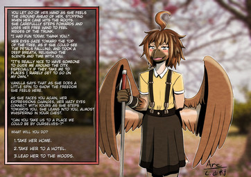 anthro back_wings beak blind blush bottomwear cane clothed clothing collared_shirt dialogue disability female hand_behind_back open_mouth open_smile polo_shirt shirt skirt smile suspenders talon_hands text topwear visual_novel_interface white_eyes wings arc_rose vanilla_(arcrose) avian bird digital_drawing_(artwork) digital_media_(artwork) english_text