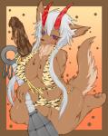 anthro border clothed clothing female holding_object outside_border simple_background skimpy solo rio_(artist) canid canine demon fox mammal