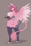 2019 ami_(character) anthro avian blue_eyes breasts butt clothing conditional_dnp digital_media_(artwork) feathered_wings feathers feet female fingerless_gloves gloves grey_background gryphon gun hair handwear hi_res holding_gun holding_object holding_ranged_weapon holding_weapon legwear looking_back mythological_avian mythological_creature mythology nipples non-mammal_breasts pink_hair ranged_weapon simple_background solo thick_thighs underwear weapon wings wyntersun