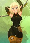 bangs blonde_hair breasts butt butt_from_the_front female freckled_face freckles green_eyes hair humanoid_pointy_ears not_furry pointy_ears raised_arms solo thigh_gap wide_hips centinel303 ankama wakfu evangelyne_(wakfu) cra elf humanoid 2024 absurd_res hi_res