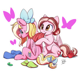 accessory bow_(feature) bow_accessory bow_ribbon cutie_mark duo feathered_wings feathers female feral furgonomics hair hooves multicolored_hair open_mouth ribbons simple_background sitting tail tail_accessory tail_bow tail_ribbon two_tone_hair white_background wings tsitra360 hasbro my_little_pony mythology equid equine mammal mythological_creature mythological_equine pegasus 2018 digital_media_(artwork)