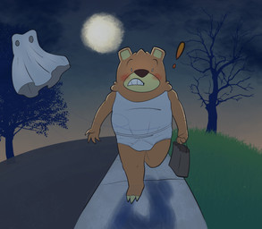 barefoot briefs brown_body brown_fur brown_nose brown_sky brown_text claws clothing costume dark_clouds exclamation_point feet forced forced_exposure fur ghost_costume green_grass holding_bag holidays male monotone_briefs monotone_clothing monotone_underwear moon open_mouth outside shadow shirt shirt_tucked_in shirt_tucked_into_underwear sky tan_body tan_fur tank_top teeth_showing text tighty_whities topwear trick-or-treating trick_or_treat_bag underwear white_briefs white_clothing white_shirt white_tank_top white_topwear white_underwear y-fronts ursanity halloween bear mammal hi_res
