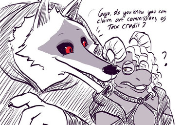 anthro claws clothed clothing confusion dialogue duo eyewear facial_markings fluffy frown gesture glasses grin hair hand_gesture head_markings horn humor male male/male markings mask_(marking) pointing poncho question_mark red_eyes sharp_teeth size_difference smile teeth text ultimatellurker dreamworks puss_in_boots_(franchise) death_(puss_in_boots) fan_character canid canine canis mammal wolf english_text