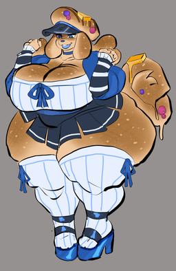 anthro big_breasts bottomwear breasts brown_body brown_fur clothing female female_anthro footwear fur high_heels huge_breasts legwear pose shoes skirt smile solo thick_thighs thigh_highs dekubanger69 gegecchi gegechuu canid canine canis domestic_dog mammal absurd_res hi_res