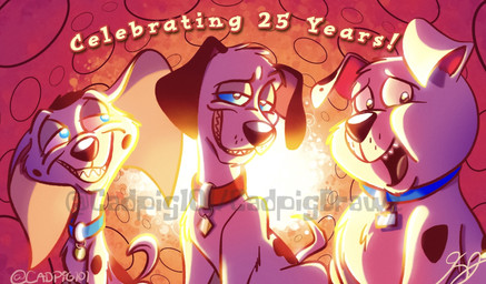 anniversary black_body black_ears black_eyes black_fur black_nose black_spots blue_collar blue_eyes blue_sclera collar female feral fur group male markings open_mouth open_smile pink_inner_ear red_collar smile spots spotted_body spotted_fur trio white_body white_fur cadpig101 101_dalmatians 101_dalmatians:_the_series disney cadpig lucky_(101_dalmatians) rolly_(101_dalmatians) canid canine canis dalmatian domestic_dog mammal 2022 hi_res watermark