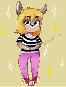 5_fingers anthro arms_bent bangs black_eyebrows black_nose black_stripes blonde_hair bottomwear brown_body brown_eyes brown_fur chibi closed_smile clothed clothed_anthro clothed_female clothing ear_tuft eyebrow_through_hair eyebrows eyelashes female female_anthro fingers footwear fully_clothed fully_clothed_anthro fully_clothed_female fur hair hands_together light medium_hair mouth_closed multicolored_body multicolored_fur pants pattern_clothing pattern_shirt pattern_topwear pink_bottomwear pink_clothing pink_pants red_clothing red_footwear red_shoes shirt shoelaces shoes simple_background smile smiling_at_viewer solo sparkles standing striped_clothing striped_shirt striped_topwear stripes text topwear translucent translucent_hair tuft two_tone_body two_tone_fur white_clothing white_shirt white_topwear yellow_background cankefh canke deer mammal 2020 artist_name colored digital_drawing_(artwork) digital_media_(artwork) english_description full-length_portrait lighting portrait shaded