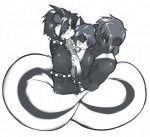 anthro armband blue_hair clothed clothing collar fishnet_clothing fluffcage group hair male tail topless 0r0ch1 gothicskunk mashuu trist domestic_cat felid feline felis mammal mephitid skunk greyscale monochrome