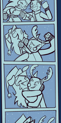 accessory blush blush_lines christmas_clothing christmas_headwear clothing eyes_closed fake_antlers fake_horns fake_nose freckles hair happy hat headband headgear headwear holidays kissing long_hair looking_at_another open_mouth red_nose santa_hat scarf snow whiskers unknown_artist bittersweet_candy_bowl christmas cool_s fan_character mike_(bcb) bird_dog canid canine canis domestic_cat domestic_dog felid feline felis golden_retriever hunting_dog korat_cat mammal retriever eyes absurd_res comic hi_res tagme