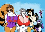 anthro areola big_breasts breasts cleavage clothed clothing female group huge_breasts rapidpanda_(artist) mama_maisie_(rapidpanda) mama_panda ailurid bovid bovine cattle fairy lagomorph leporid mammal rabbit red_panda