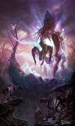 bone female glowing group horror_(theme) ruins skeleton skull smoke james_wolf_(artist) lovecraftian_(genre) bovid bovine cattle ghost human mammal spirit