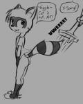 bottomless butt clothing female greyscale monochrome norithics panties raccoon raised_tail shirt slippers underwear vacuum_cleaner
Rating: Questionable
Score: 1
User: ktkr
Date: January 03, 2014