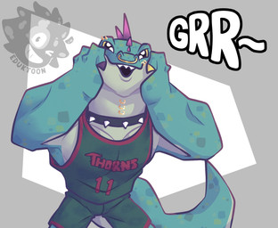 anthro basketball_uniform black_eyes bottomwear clothing collar eyebrow_spikes forked_tongue front_view glistening glistening_eyes green_body green_bottomwear green_clothing green_scales green_shirt green_shorts green_topwear grimace growling hand_on_face head_spikes logo long_tongue male mouth_piercing neck_piercing open_mouth pecs piercing purple_spikes scales sharp_teeth shirt shorts simple_background solo spiked_collar spikes spikes_(anatomy) sportswear tail tank_top teeth tongue tongue_out tongue_piercing topwear uniform wide_eyed yellow_sclera eduktoon goat_(movie) sony_corporation sony_pictures modo_olachenko komodo_dragon lizard monitor_lizard reptile scalie 2026 artist_logo digital_media_(artwork) hi_res portrait three-quarter_portrait