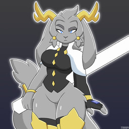 anthro big_breasts blue_eyes boots bottomless bottomless_female breasts clothed clothing dream_breaker_(pseudoregalia) featureless_crotch female footwear fur grey_body grey_fur grey_hair hair horn legwear looking_at_viewer melee_weapon shoes solo sword thigh_boots thigh_highs weapon travis_the_dragon pseudoregalia sybil_(pseudoregalia) bovid caprine goat hybrid lagomorph leporid mammal rabbit 1:1 hi_res
