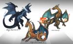 ambiguous_gender blue_eyes claws feral fire flaming_tail group membrane_(anatomy) membranous_wings open_mouth red_eyes simple_background tail tongue tongue_out wings yaj_leaf mythology nintendo pokemon charizard dragon generation_1_pokemon generation_6_pokemon mega_charizard mega_charizard_x mega_charizard_y mega_evolution mythological_creature mythological_scalie pokemon_(species) scalie 5:3