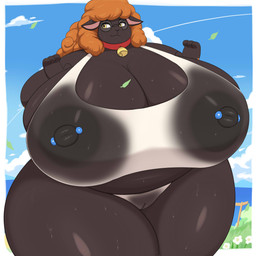 4_fingers anthro beach bell belly big_breasts big_nipples black_body black_fur black_nipples bodily_fluids border breasts cleavage clothed clothing cloud collar day eyebrows eyewear female fingers flower fur genitals glasses hair happy huge_breasts innie_vulva leaf nipple_piercing nipples nipples_visible_through_clothing orange_hair outside overweight overweight_anthro overweight_female panties piercing plant sand shirt shrub solo standing sweat sweaty_body sweaty_breasts sweaty_legs sweaty_thighs topwear underwear vulva water wearing_glasses wet wet_clothing wet_shirt wet_topwear wet_underwear white_border wind yellow_eyes hidenafox melony_(ninjadougie) bovid caprine mammal sheep 1:1 absurd_res hi_res shaded